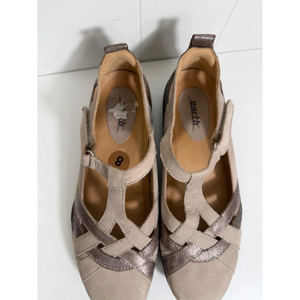 Earth Ocelot Taupe Metallic Bronze Leather Comfort Mary Jane Flats Shoes 8